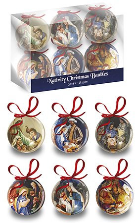 Decoupage Traditional Nativity Christmas Tree Baubles ~ Pack 6 with Red Ribbon ~ Religious Theme