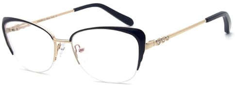Global Glasses Elegantes monturas de mariposa de media montura para mujer Gafas de diamante de metal sin receta (color negro/dorado)