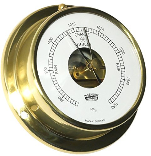 Altitude Barometer Messing poliert, Glas aus PMMA Acryl, Genauigkeit +/-7hPa, Durchmesser 97 mm, Made in Dänemark