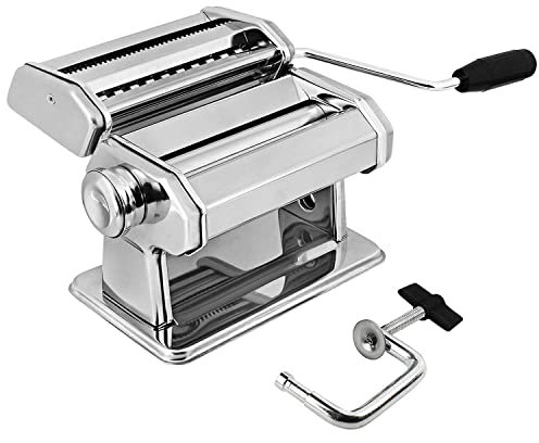 GOURMEX Pasta Maker Machine Stainless Steel Manual | with Adjustable Thickness Settings | Perfect for Homemade Spaghetti Fettuccini Noodles and Lasagna | Includes Removable Handle and Clamp (Silver)