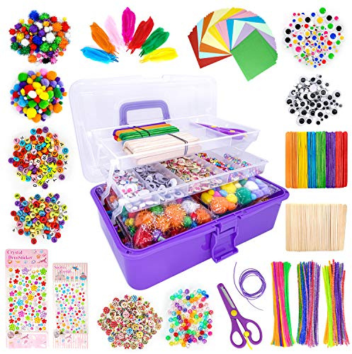kortes Jumbo Art and Craft Supplies for Kids, Toddler DIY Craft Art Supply Set Included Pipe Cleaners, Pom Poms, Feather, Folding Storage Box - All in One for Craft DIY Art Supplies (Purple)