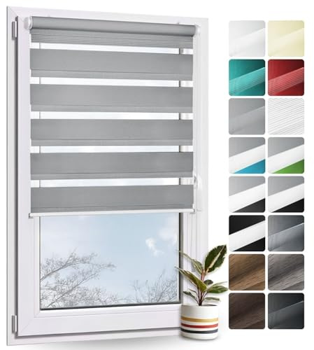 Rollmayer Doppelrollo Klemmfix ohne Bohren Klemmrollo Fensterrollo (Grau - 90 x 220 cm - BxH) Duo Rollo Sonnenschutzrollo Zebrarollo Seitenzugrollo für Fenster und Tür