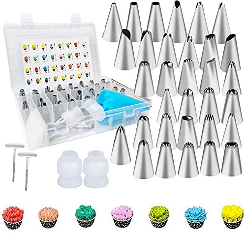 SHONCO Kit Ugelli per Tubazioni 40 Pezzi Decorazione Torta,33 Ugelli Decorazione Torta in Acciaio Inox con 1 Sacchetto Tubo Riutilizzabile, 4 Raccordi,2 Chiodi Fiore,per Decorazione Torta Biscotto