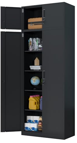 iJINGUR Metal Storage Cupboard with Locking Doors and 4 Adjustable Shelves, Extra Tall Lockable Steel Storage Cabinets for Home Office Garage Kitchen Pantry (Black)