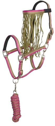 Imperial Riding Juego de Cabestro con Punto de Atar y Flecos – Cabestro de Nailon Resistente con Hebilla, Cierre de y Gancho a presión, cómodo y fácil de Limpiar, Multi Color Verde Bosque, Pony