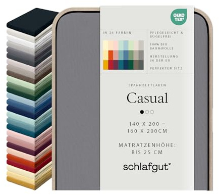 schlafgut Casual Spannbettlaken 100% Bio Baumwolle Made in Green by Oeko TEX (140x200cm bis 160x200cm Matratzenhöhe bis 25cm, Grey Mid)