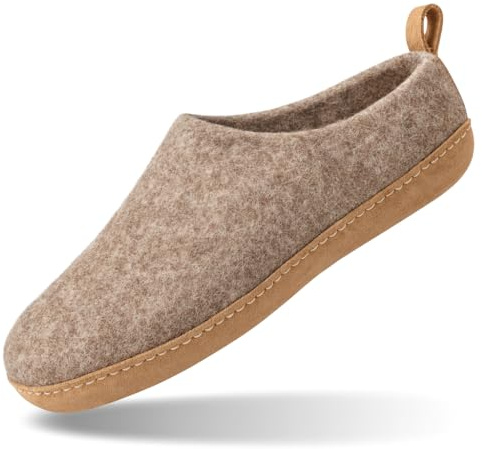HAUSSIMPLE Wool Slippers with Leather Sole 100% Felted Wool Indoor House Shoes Unisex for Men & Women – Breathable, Warm, Cozy, Natural Wool Loafers (Natural Brown, 7.5 Women/ 6.5 Men)