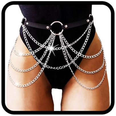 Flovel Taillenketten Gothic Gürtel mit Ketten Rave Gothic Leder Körperkette Silber Punk Leder Taillenkette Festival Körperketten Schwarz für frauen