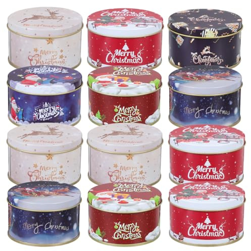 DOITOOL 12 Pcs Christmas Cookie Tins with Lids 3 Inch Empty Cookie Jar Christmas Tin Metal Nesting Container for Candy Treat Biscuits and More Small Items