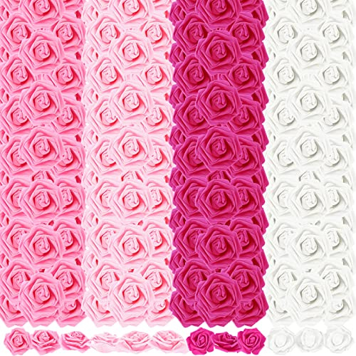 Sinmoe 600 Pieces Artificial Rose Flower Heads Decorations 3 Inch Stemless Flowers for Weddings Bouquets DIY Crafts 4 Colors Pink White Foam Fake Roses for Baby Shower Arrangements Party Home