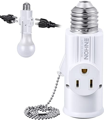 3 Prong E26 Light Socket to Plug Adapter, White Heat Resistant Light Socket 2/3 Prong Outlet Light Bulb Plug Splitter Converter for Garage Porch CCTV Camera (1 Pack)