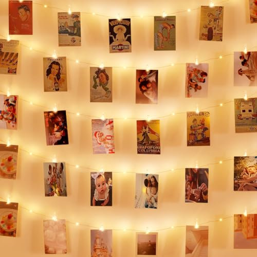 AUAUY 50 LED Photo Clip String Lights, 5M Battery Operated Photo Wall Photo Clips String Light with 30 Clear Clips, Photo String Lights with Clips for Dorm Room Decor, Birthday Party Christmas