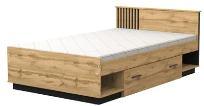 MINIO go for it - Bett 120x200 cm Lamia mit Schublade und Nischen, Bett mit Kopfteil aus Holz mit Lamellen, ohne Matratze, Schlafzimmer Möbel - Wotan Eiche/Schwarz Matt