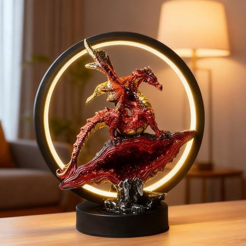 Hmusnwol - Lámpara de figura de dragón para decoración de cosas con luz LED, coleccionable, estatua de dragón rojo, decoración del hogar, 8 pulgadas de alto
