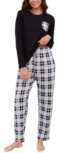 Reliwel Dampyjamas, lång, av bomull, rutig pyjamas för kvinnor, tvådelad, nattkläder, långärmad tröja och rutiga pyjamasbyxor med fickor, sovkläder, fritidsoverall för höst och vinter, svart, M