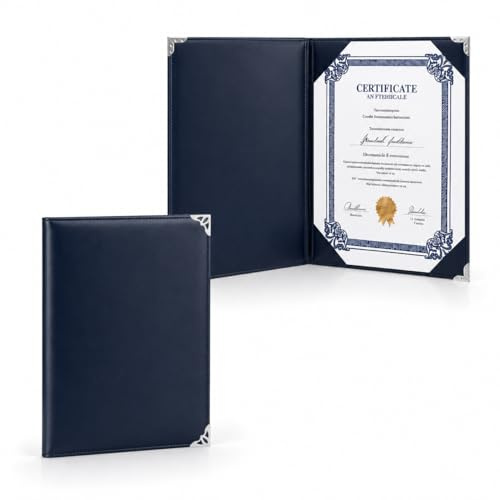 Porta diploma in finta pelle blu navy,A4, in pelle liscia con bordo protetto argento, copertine per certificati e cartelle per certificati per elegante esposizione di diploma
