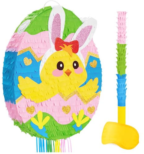 WERNNSAI Easter Chicken Pinata - Easter Egg Pinata with Blindfold and Stick Chick Easter Game for Kids Easter Party Decoration Supplies for Birthday Decoration School Spring Party