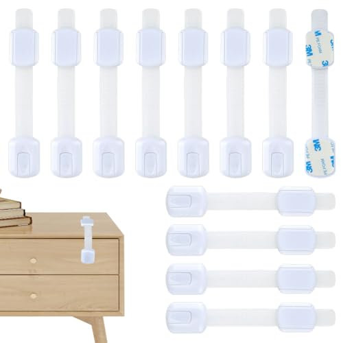 12 Stück Kindersicherung Schrank und Schubladen,Schranksicherung Baby,Kindersicherung Schrank mit 3M Kleber Ohne Bohren, Längenverstellbar,Schubladensicherung Baby für Schränke Kühlschrank,Weiß