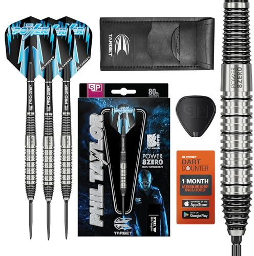 Target Darts Phil Taylor Power 8-Zero 2 Steel Tip Darts, Dart-Set aus 80% Wolfram, 24G | Power 8 Zero Player Edition Darts mit Swiss Points, Pro Grip Schäften, Nr. 6 Dart-Flügen und SP-Werkzeug