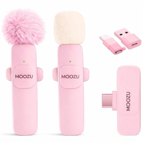 MOOZU Micro Cravate sans Fil Double – Récepteur Universel USB-C / 3,5 mm/USB, Réduction de Bruit, Plug & Play, Compatible iPhone, Android, Caméra, PC – Idéal TikTok,Vlog, Enregistrement Vidéo(Rose)