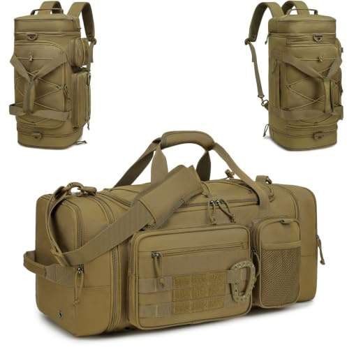 TONRUYN 3 i 1 Taktisk Sportväska för Män, Expanderbar Resväska Duffel 50-55L med Skofack och Ficka för Blöta Saker, Ryggsäck för Träning, Weekendäventyr och Utomhus, Brun