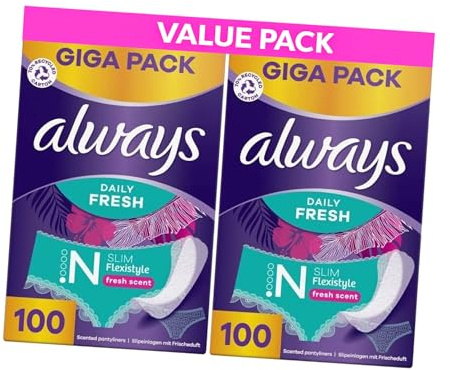 Always Flexistyle Slim Pantyliners - 200 Liners (2 Packs of 100 ) Big Pack Ultra‑Thin Breathable Panty Liners Fresh Scent adapts to All Styles