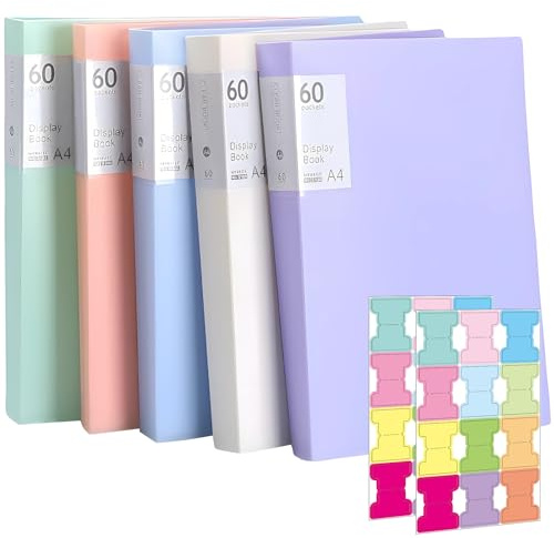 5 Pack A4 Display Folder with Plastic Sleeves, 60 Pockets Portfolio Binder, Presentation, Certificate, Project, Art, Recipe & Sheet Music Document Folder for Schools, Offices & Individuals – 5 Colours