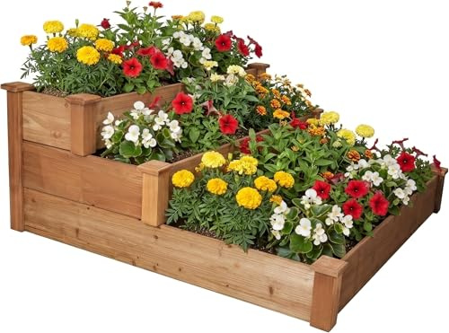 Grand parterre surélevé à 3 niveaux en bois pour jardin, terrasse, parterre de plantes, escalier de plantes, taille XL, carré, plate-bande de fleurs, pour herbes aromatiques, escalier de fleurs, 123,5