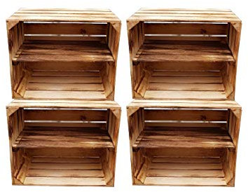 Teramico Massive Holzkisten als Schuhregal Bücherregal GEFLAMMT Zwischenbrett Apfelkisten Obstkisten Weinkisten Land Kisten-Regal Vintage Deko (4er Set Längs)
