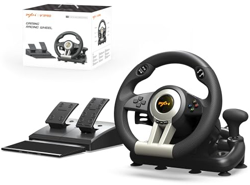 PXN V3 Pro Gaming Steering Wheel with Pedals - 180° Racing Wheel with Vibration Feedback, Steering Wheel for PC, PS3, PS4, and Switch -Black