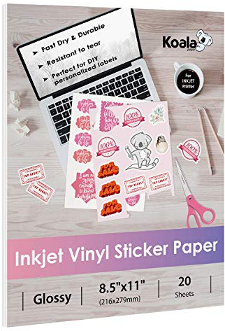 Koala Printable Vinyl Sticker Paper for Inkjet Printers - 20 Sheets Glossy White Water-Resistant Adhesive Label Paper - 8.5x11 Inch, Tear-Resistant, Removable