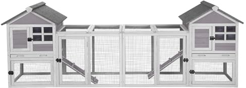 Aivituvin 103.2 L Rabbit Hutch Indoor Outdoor Bunny Cage with Run,Guinea Pig House Pull Out Upper Tray (103.2 L x 25.2 W x 36.2 H, Grey-2 Sets)
