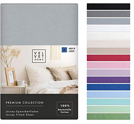 VelvetHome Spannbettlaken 90x200cm 100% gekämmte Baumwolle Made in EU Jersey Bettlaken 90x200 bis 25 cm Matratzenhöhe Spannbetttuch 90x200 Premium Qualität Schönen Farben Hell-grau 90 x 200