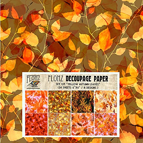 Decoupage Paper Pack (24 Sheets 6x6) Yellow Autumn Leaves FLONZ Vintage Styled Seamless Pattern Paper for Decoupage, Craft and Scrapbooking Golden Leaves Tree Grass