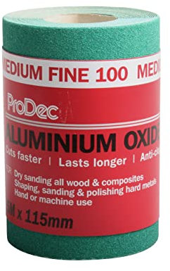 ProDec 5m Roll 100 Grit medio-fine grado verde ossido di alluminio carta abrasiva per la levigatura di legno, vernice, gesso, stucco, metallo e altro, 115 millimetri di larghezza carta vetrata