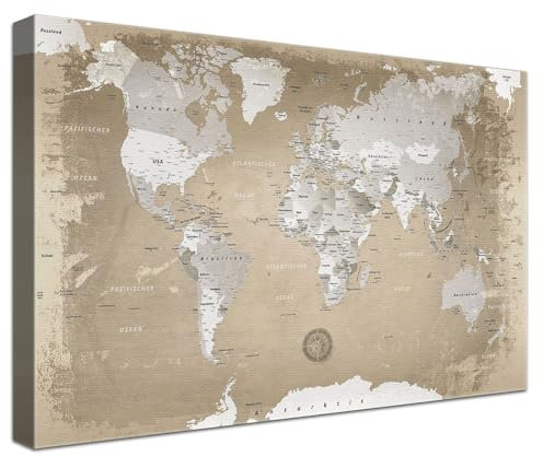 LANA KK - Luxus Pinnwand Weltkarte - Natur - Deutsch - in 80 x 60 cm, stabile Rückwand zum Pinnen inkl. Starterkit - Leinwand-Kunstdruck Wandbild Landkarte XXL