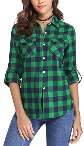 Totatuit Flannel Checked Shirts Womens Classic Long Sleeve Plaid Shirt | Ladies Blouse V Neck Button Down Checked Shirt with Pocket Classic Design Adjust Sleeves Soft Feel, Flexible And comfortable