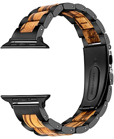 Holz & Edelstahl Band kompatibel mit Apple Watch 45 mm 44 mm 42 mm, Holzglieder-Uhrenarmband für Herren, Apple Watch Armband Ersatz SE Serie 4 5 6 7 (42/44 mm, Stil 1)