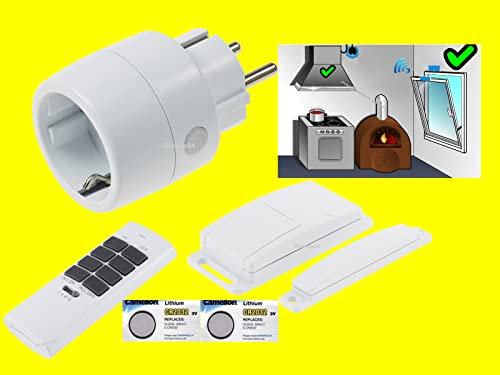 FUNK-ABLUFTSTEUERUNG High-Tech-Set Dunstabzugshaube Fenster-Kontaktschalter | 2300W Power-Mini-Zwischenstecker +Magnet-Fenstersensor +Fernbedienung +2 x Ersatzbatterie -EINSATZFERTIG ANGELERNT-