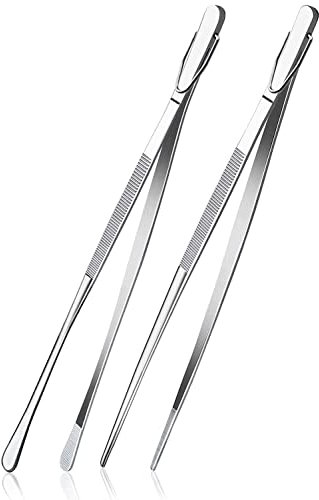 HINMAY 2 Pcs 12-Inch Cooking Tweezers, Stainless Steel, Straight, Professional Kitchen Tweezers for Cooking, Repairing and BBQ (Silver)