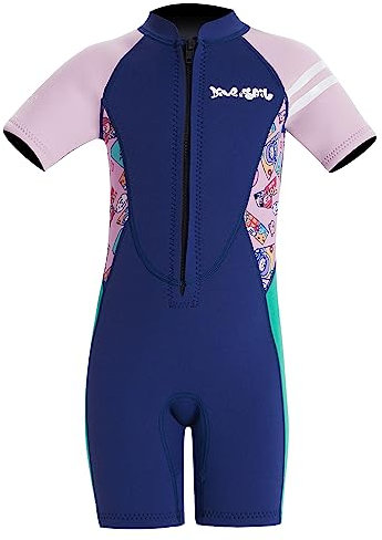 Moollyfox 2.5mm Mädchen Neoprenanzug Shorty Neopren Thermal Kinder Einteilige Badeanzug Kurzarm Reißverschluss Vorne Schwimmen Surf Kurz Taucheranzug Schnorchelanzug Marine S