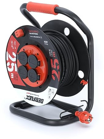 DEBFLEX - Enrouleur HO5RR-F 3G1,5 mm² - Enrouleur Electrique avec Rallonge Electrique 25m + 4 Prises Etanches IP44 - Avec Guide Câble - Blocage Touret - PVC + Metal - Noir