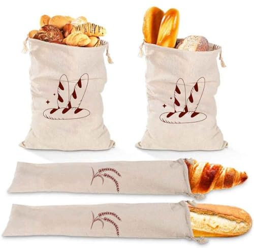 Brotbeutel Leinen, 4er Set Brotsack mit Kordelzug Baguette Brotsack Leinenbeutel Wiederverwendbar für Brot Backen Obst Gemüse Aufbewahrung Frischhalten Brottasche