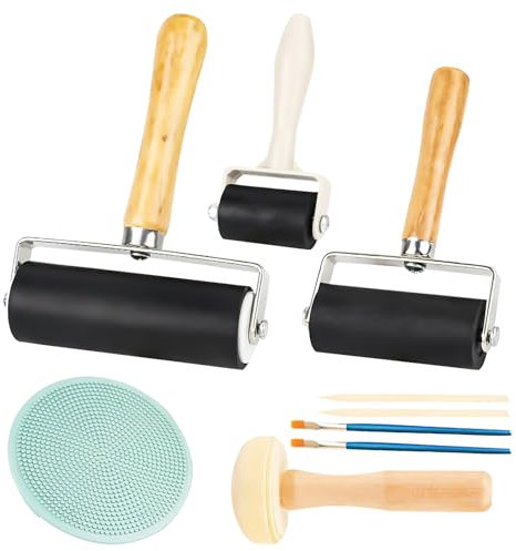 APOMOONS 3 STK Linoldruck, Rubber Brayer Roller, Robuste Andrückrolle mit 1 Pilzwalze und 1 Gravur für Druckgrafiken Stempeln Drucken Tinten Tapeten und Kunsthandwerk(2.4 inch,4 inch,5.9 inch)