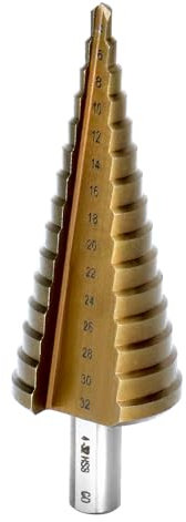 QWORK® Broca escalonada de HSS-Co/M35, 4-32 mm, broca cónica robusta para acero inoxidable/hierro/aluminio/plástico/madera - vástago triangular de 9.5 mm