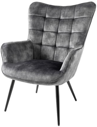 Riess Ambiente Moderner Sessel Scandinavia grau Samt Schwarze Metallbeine mit Armlehnen Ohrensessel Samtsessel Loungesessel TV-Sessel Wohnzimmersessel