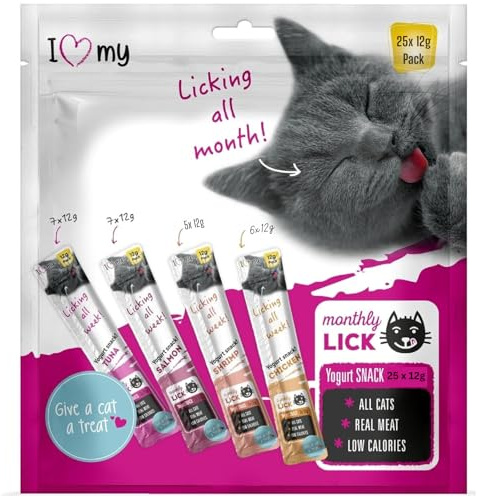 Cat Yoghurt Lickable Treats (25 Pack) Mixed Variety - Chicken, Salmon, Tuna & Shrimp – Creamy Cat Treats Made with Real Meat – 12g Each 4 Flavours
