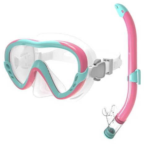 Schnorchelset Kinder - Anti-Leck Anti-Fog Tauchmaske Taucherbrille Trocken Schnorchel Silikonmaterial - Schnorcheln Set für Jungen Mädchen (Colorful Coral - Rosa/Minze)