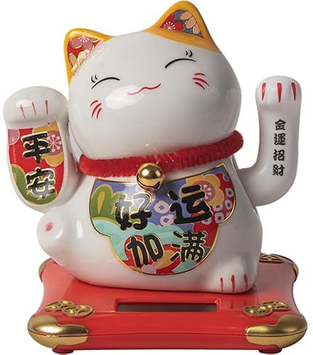 GATTO SOLARE DI BUONA FORTUNA in ceramica da 4,5 pollici con braccio ondeggiante (10,5 cm) MANNEKI NEKO