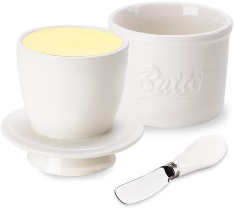 Porta Burro in Ceramica, Burriera in Porcellana con Coperchio e Coltello, Contenitore per Burro Spalmabile con Linea d’Acqua , Portaburro Francese per Morbido e Fresco